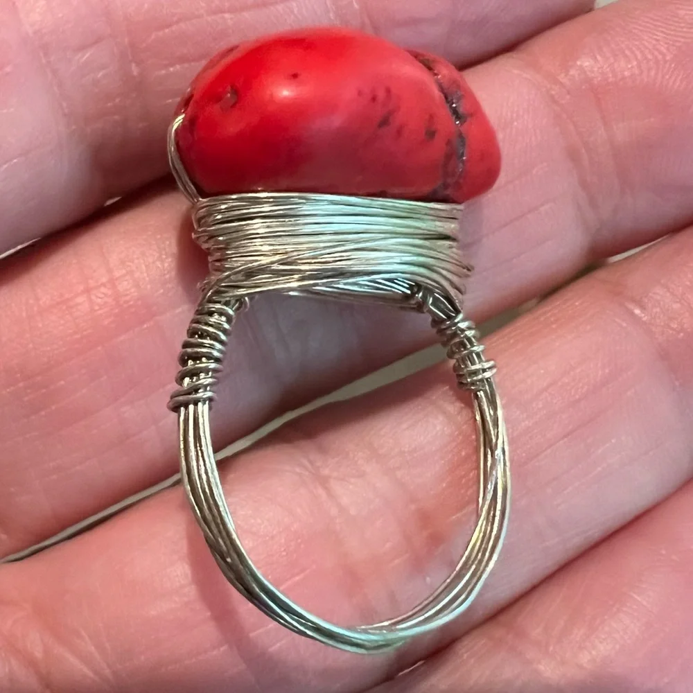 Red Coral Stone Silver Nest Ring Size 9 boho southwestern western artisan